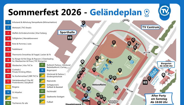 Geländeplan des TVC Sommerfests 2026 mit Ständen, Mitmachaktionen, Aktionsfläche, Haupteingang, Biergarten und wichtigen Orientierungspunkten.