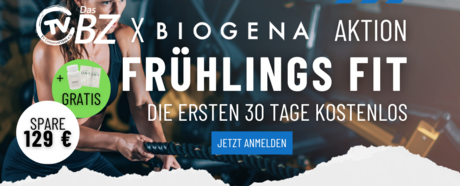 Werbebanner zur Frühlings Fit Aktion des BZ Cannstatt in Kooperation mit Biogena. Im Vordergrund eine sportliche Frau beim Training mit Battle Ropes. Text auf dem Banner: ‚Das BZ x Biogena Aktion – Frühlings Fit – Die ersten 30 Tage kostenlos‘. Hinweis: ‚Spare 129 €‘ und ‚Gratis Biogena Produktpaket‘ mit Abbildung von Magnesium Siebensalz Mini und Biogena One. Button mit Aufschrift ‚Jetzt anmelden‘. Aktionszeitraum: April & Mai 2025.